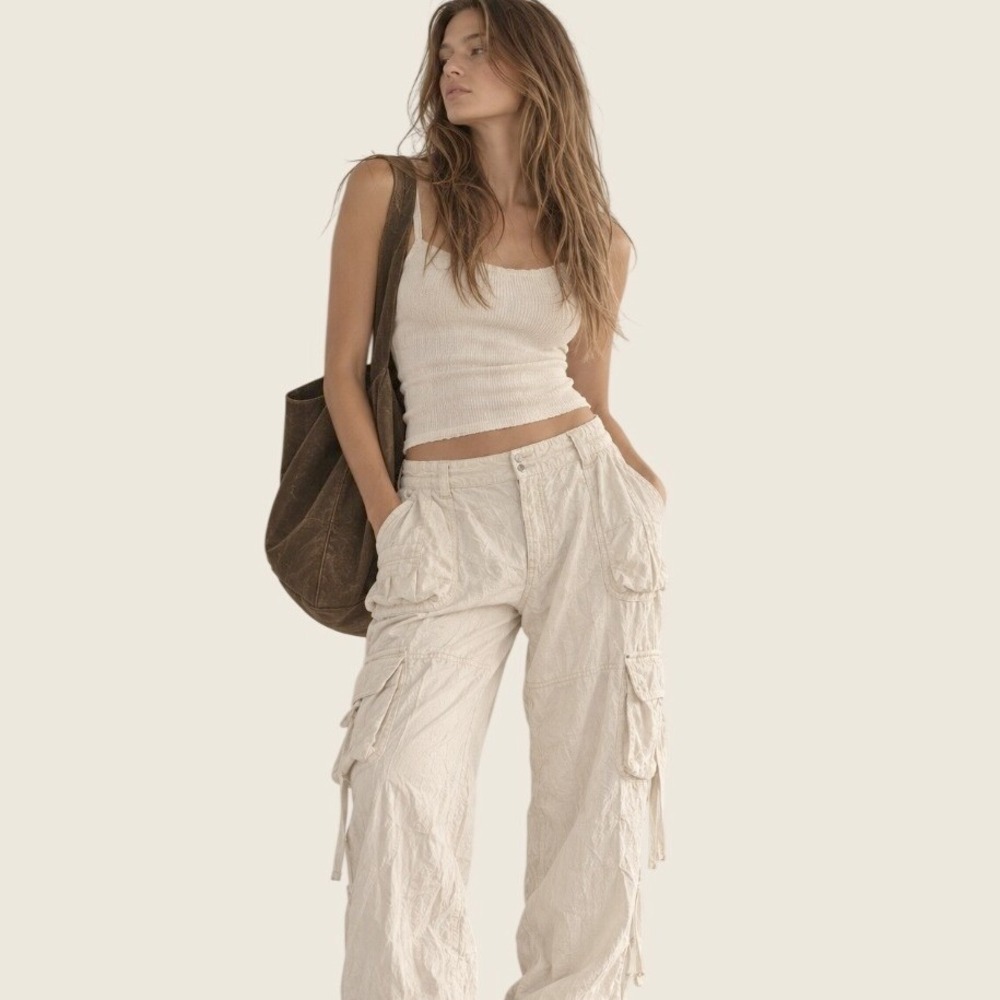 Anthropologie Cargo Pants Linen Blend S Cream Utility Parachute Jogger Lagenlook